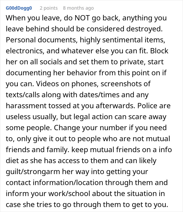 A Reddit comment advising to document ex-partners behavior and block them on social media after a 7-year relationship. A Reddit comment advising to document ex-partners behavior and block them on social media after a 7-year relationship.