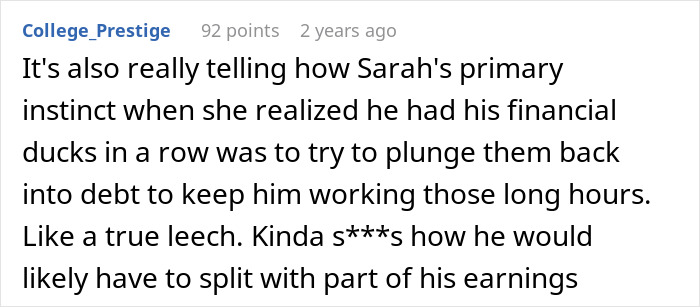 A comment discussing a wife's reaction to her husband's finances in an open marriage. A comment discussing a wife's reaction to her husband's finances in an open marriage.