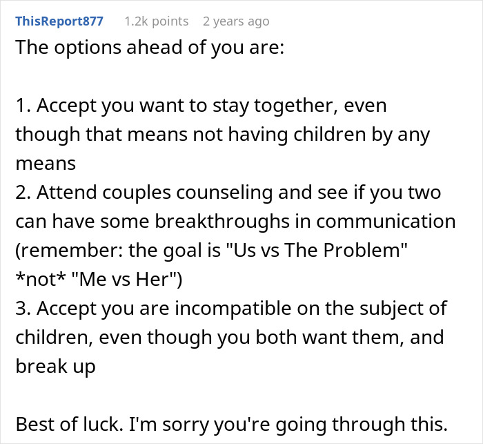 A Reddit comment discussing a man questioning marriage due to conception issues and shocking beliefs.