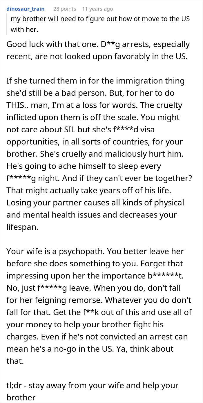 A screenshot showing a Reddit comment advising the original poster about a wife's jealousy and a deportation situation.