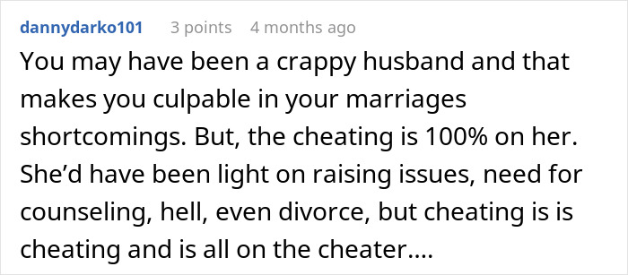 A comment from dannydarko101 stating the poly wife's cheating is 100% her fault. A comment from dannydarko101 stating the poly wife's cheating is 100% her fault.