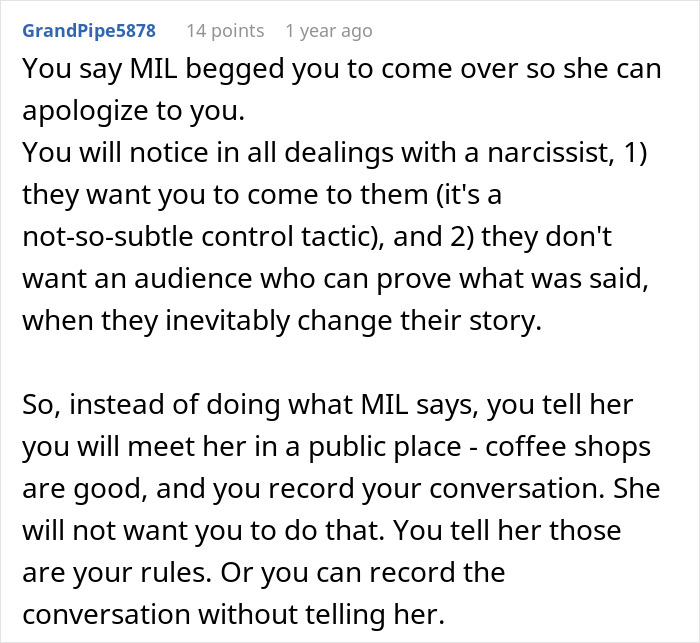 A screenshot of a comment about a wedding dispute, suggesting meeting the mother-in-law in public and recording the conversation. A screenshot of a comment about a wedding dispute, suggesting meeting the mother-in-law in public and recording the conversation.