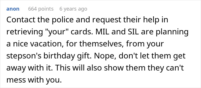 A comment suggests contacting the police regarding the grandma buying the stepson's love with gifts.
