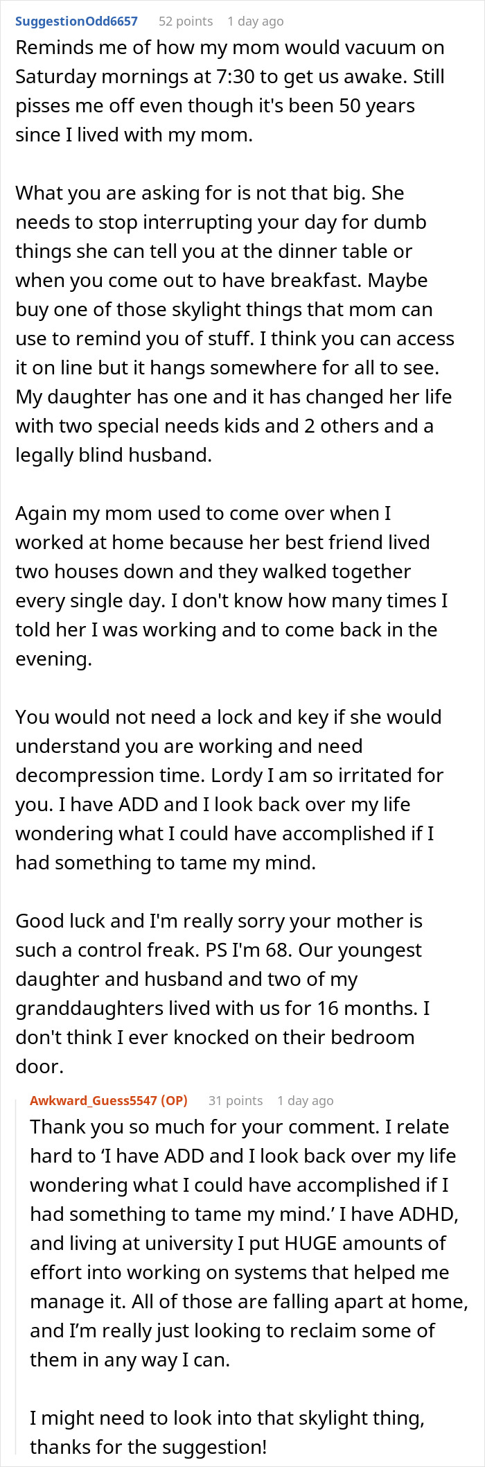 A screenshot showing a Reddit post about a controlling mom who walks in on her 22YO daughter, forbidding door locks. A screenshot showing a Reddit post about a controlling mom who walks in on her 22YO daughter, forbidding door locks.