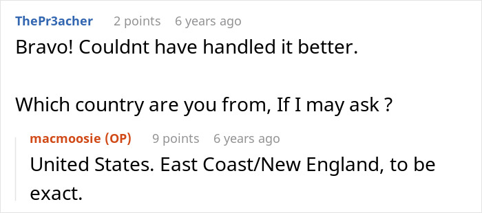 User reaction to the weapon incident, praising the handling and asking the shopper about their country of origin.