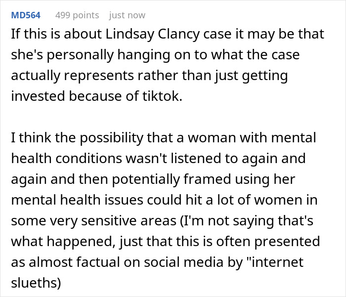 A comment about a wife obsessed with a criminal trial and mental health conditions.