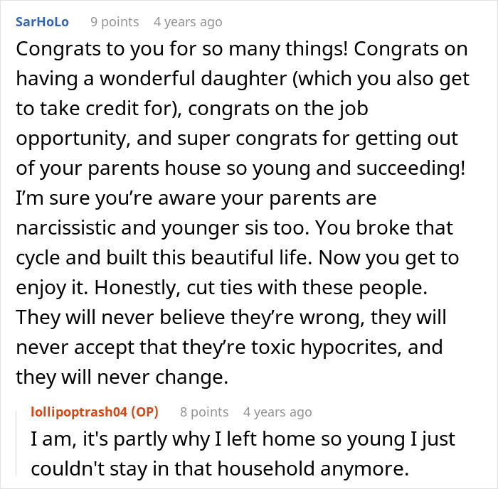 A screenshot of a Reddit comment section with a user congratulating a woman for adopting her sister's baby and building a wonderful life. A screenshot of a Reddit comment section with a user congratulating a woman for adopting her sister's baby and building a wonderful life.