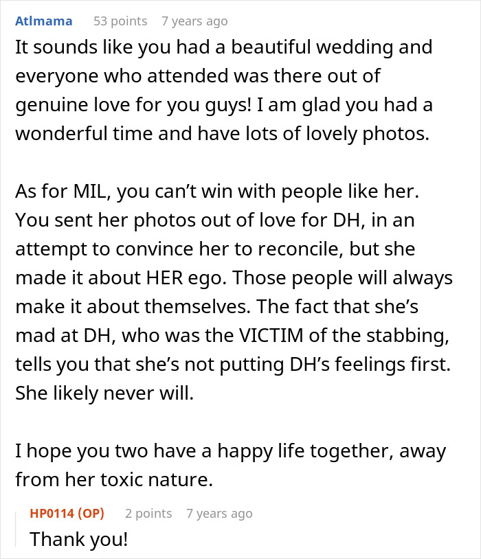Screenshot of an online comment: Bride's wedding photos and MIL's angry response. Screenshot of an online comment: Bride's wedding photos and MIL's angry response.