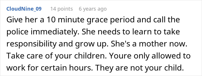 A Reddit comment suggesting calling the police after an entitled parent is late for nanny pickup.