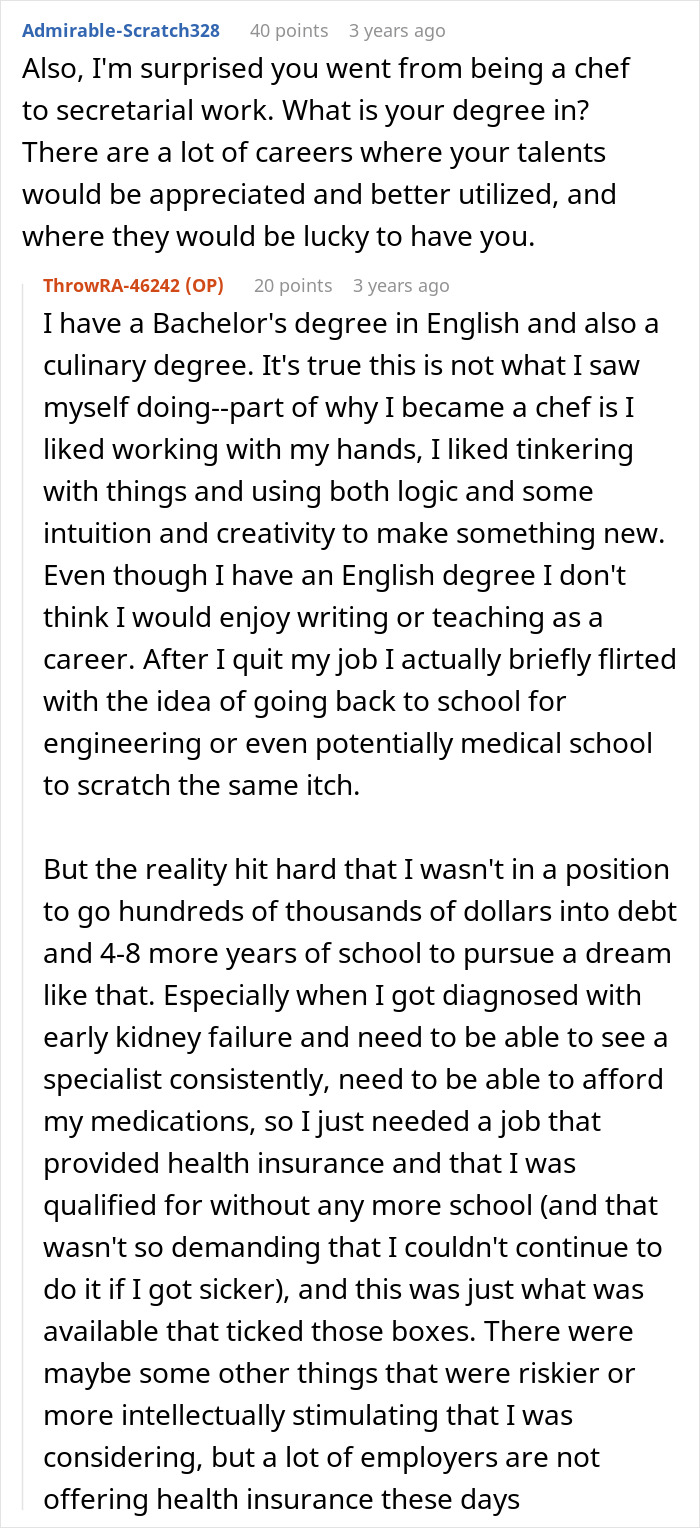 A Reddit comment discusses the career impact and costly price after a woman donates a kidney. A Reddit comment discusses the career impact and costly price after a woman donates a kidney.