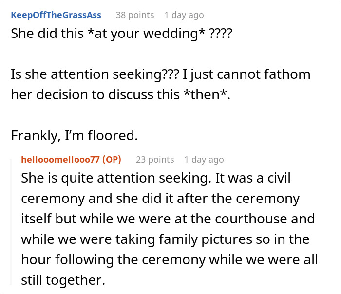 A Reddit comment discussing the timing and attention-seeking behavior of the woman who stole a husband at a wedding ceremony. A Reddit comment discussing the timing and attention-seeking behavior of the woman who stole a husband at a wedding ceremony.