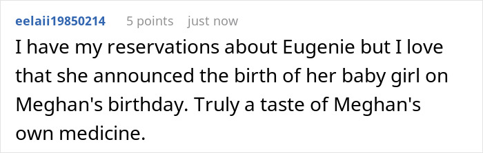 A comment about Meghan Markle receiving karma on her birthday due to a baby announcement. A comment about Meghan Markle receiving karma on her birthday due to a baby announcement.