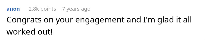 A screenshot of a congratulatory comment on an engagement, reflecting on the GF having female friends.