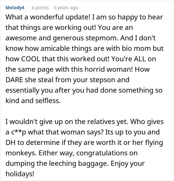 A Reddit comment praising the user as an awesome stepmom and condemning the grandmother's actions regarding her stepson's gifts.