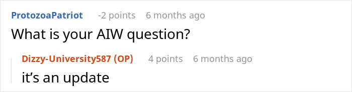 A screenshot of a comment section discussing a relationship, asking 'What is your AIW question?' and stating 'it's an update'. A screenshot of a comment section discussing a relationship, asking 'What is your AIW question?' and stating 'it's an update'.