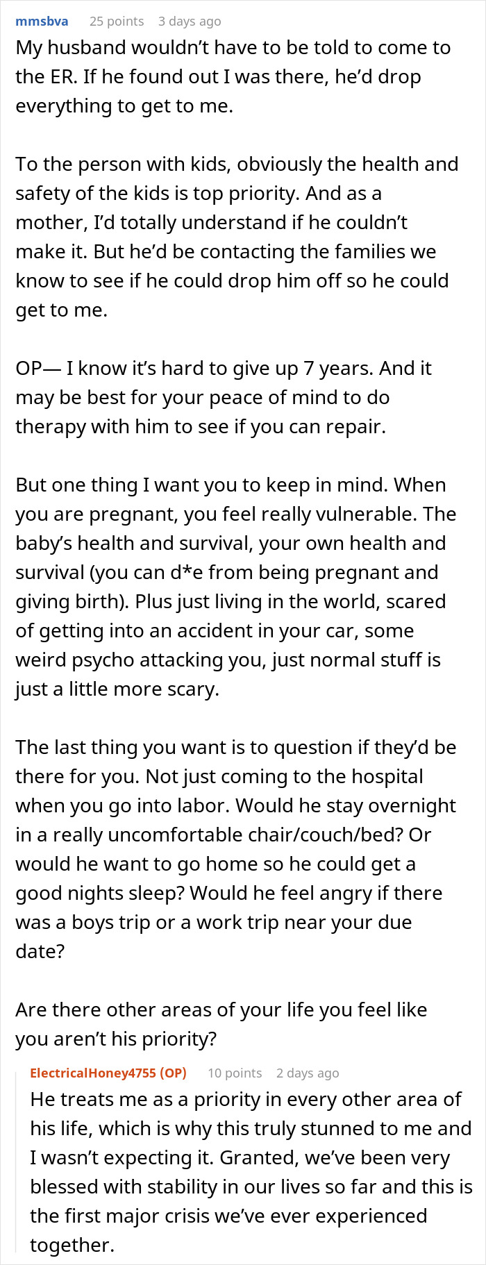 A Reddit comment from mmsbva advises the original poster on a fiancés delayed visit during a medical emergency, suggesting therapy and reflecting on priorities. A Reddit comment from mmsbva advises the original poster on a fiancés delayed visit during a medical emergency, suggesting therapy and reflecting on priorities.