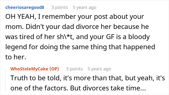 Reddit comment about the mom's past behavior and the GF dealing with the vitiligo insults.
