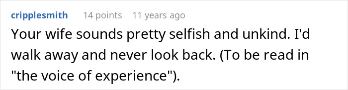 A comment on the story about a wife's jealousy, advising to walk away from a selfish wife.