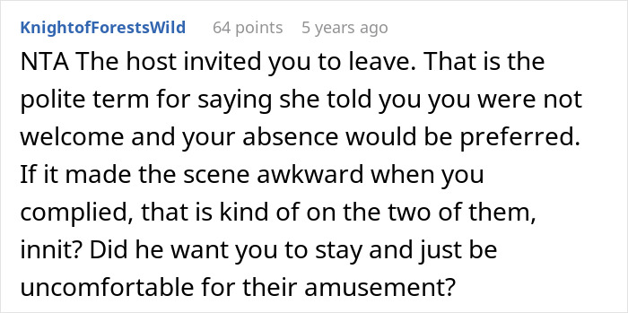 A screenshot of a Reddit comment by user KnightoffForestsWild, discussing a boyfriend not being welcome at a party.