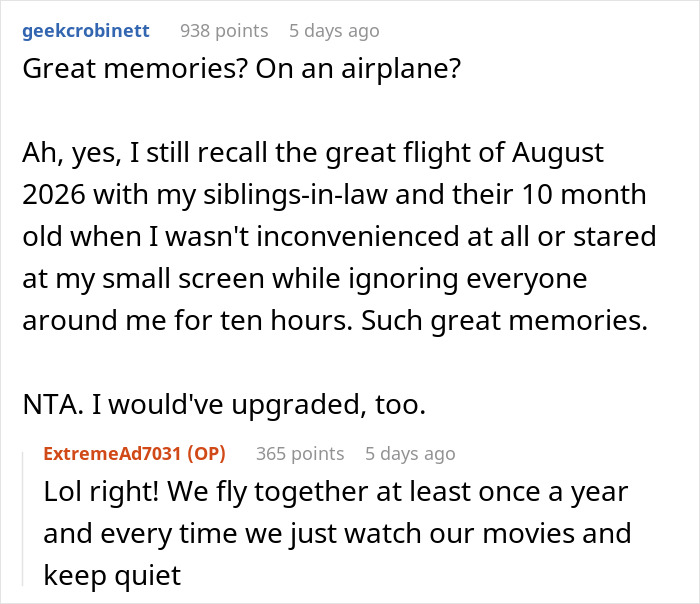 A Reddit comment about flight memories and agreeing with upgrading flight tickets for a family trip. A Reddit comment about flight memories and agreeing with upgrading flight tickets for a family trip.