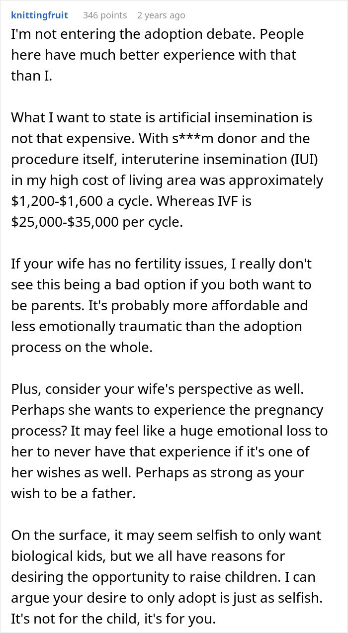 A Reddit comment on artificial insemination for a man questioning marriage after trying to conceive.