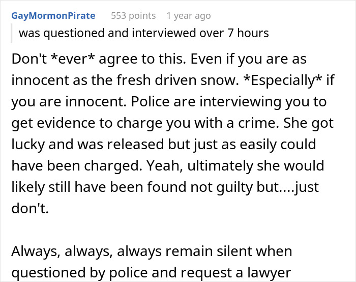 A comment advises remaining silent when questioned by police about new neighbor's eerie behavior and calling the cops.