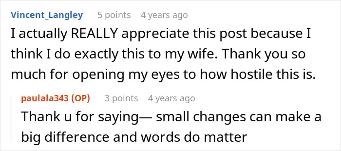 A screenshot of a comment where a user appreciates understanding how their questions put their wife on edge. A screenshot of a comment where a user appreciates understanding how their questions put their wife on edge.
