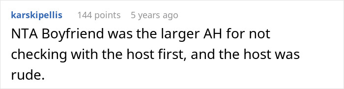 A Reddit comment giving an NTA verdict, blaming the boyfriend for not checking with the host.