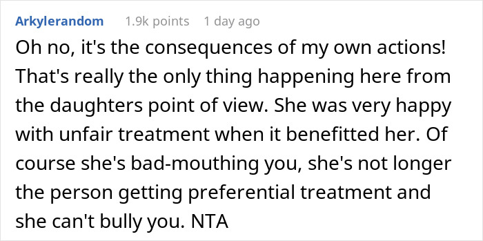 A Reddit comment defending the mom, stating the stepdaughter's reaction is due to no longer receiving preferential treatment. A Reddit comment defending the mom, stating the stepdaughter's reaction is due to no longer receiving preferential treatment.
