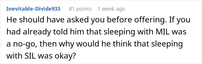 A comment on a husband's abysmal decision making for offering the marital bed, forcing wife to confront in-laws.
