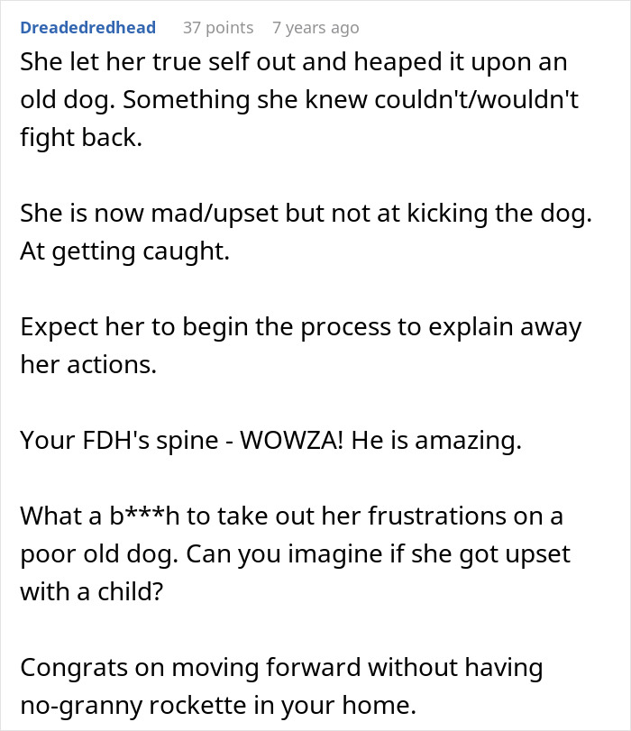 A comment condemning MIL's behavior for kicking an old dog and the lack of remorse for her actions. A comment condemning MIL's behavior for kicking an old dog and the lack of remorse for her actions.