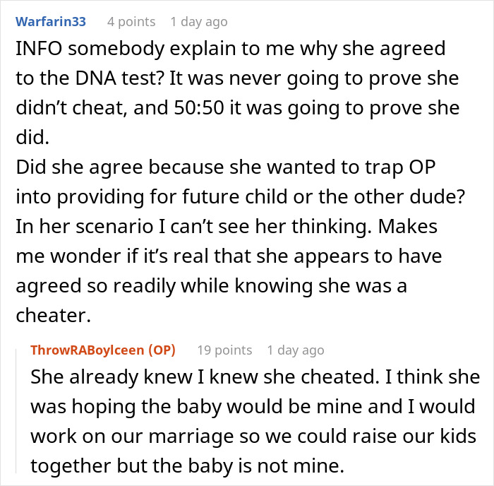 A screenshot of comments discussing a wife who cheats and her ludicrous demands regarding a DNA test. A screenshot of comments discussing a wife who cheats and her ludicrous demands regarding a DNA test.