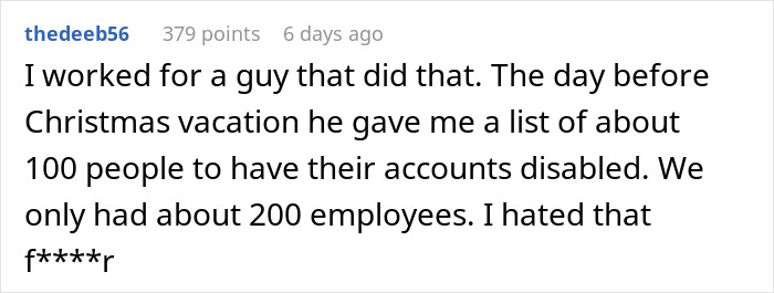 A comment detailing how a CEO who fired 900 workers also laid off 100 employees before Christmas.