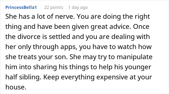 User comment on a cheating wife, warning the husband about manipulation and protecting his son's belongings. User comment on a cheating wife, warning the husband about manipulation and protecting his son's belongings.