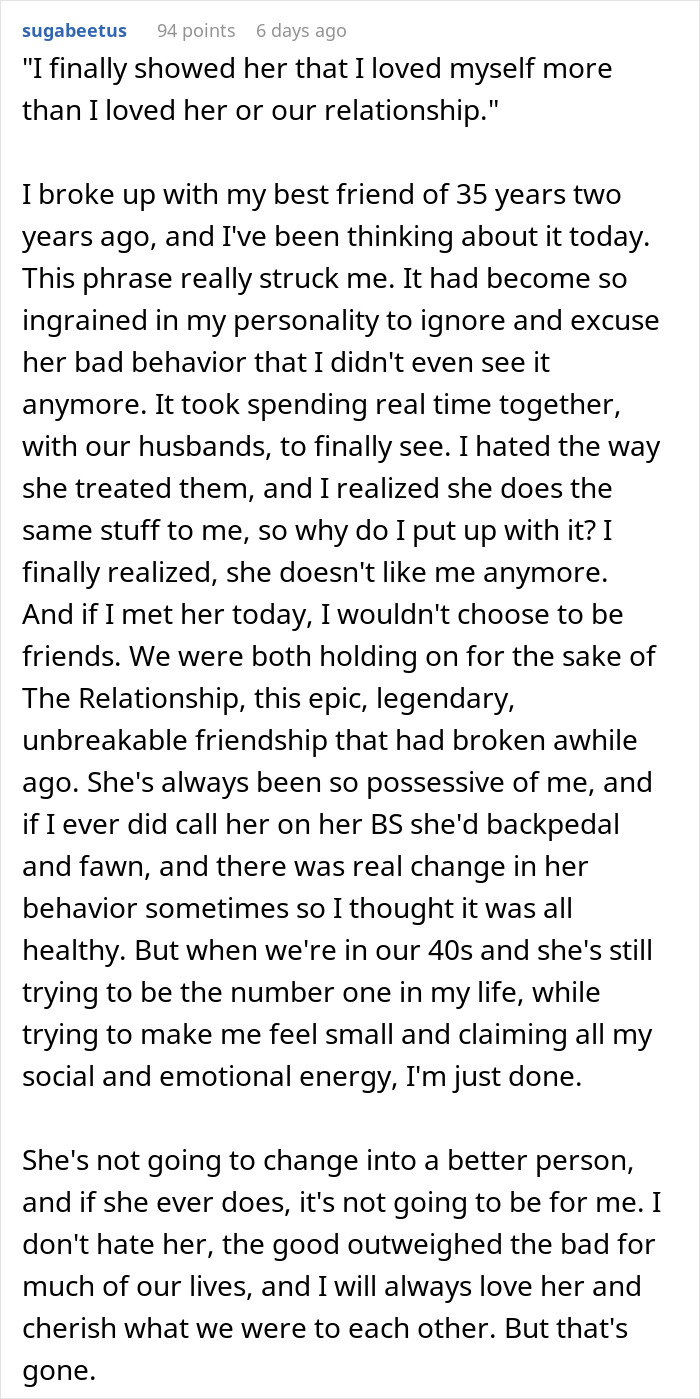 A detailed comment about a woman ending a long-term relationship due to red flags and self-love. A detailed comment about a woman ending a long-term relationship due to red flags and self-love.