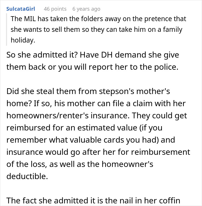 A comment on a social media post discussing a grandma buying love with gifts for her stepson.