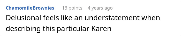 A comment describing the half-sister's behavior as delusional regarding infertility and wanting to be a mom.