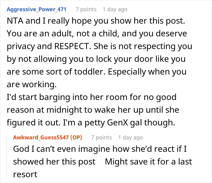 A Reddit comment suggests showing the controlling mom this post to respect her daughter's privacy. A Reddit comment suggests showing the controlling mom this post to respect her daughter's privacy.