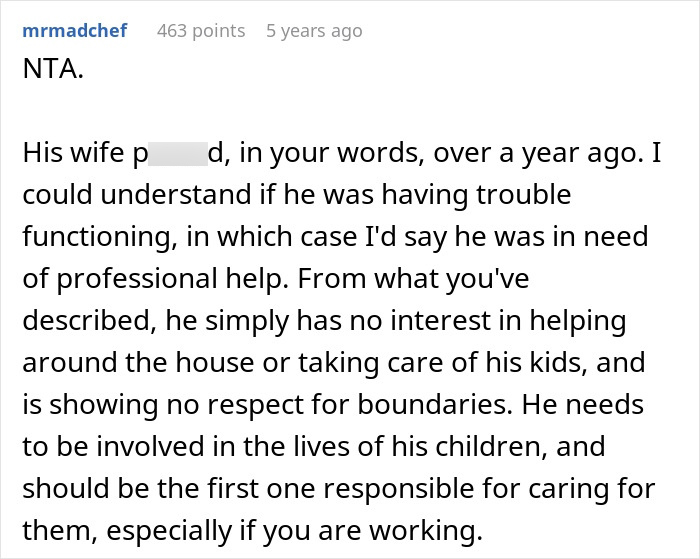 A screenshot of a Reddit comment stating the grieving guy brother-in-law needs to be involved in the lives of his children. A screenshot of a Reddit comment stating the grieving guy brother-in-law needs to be involved in the lives of his children.