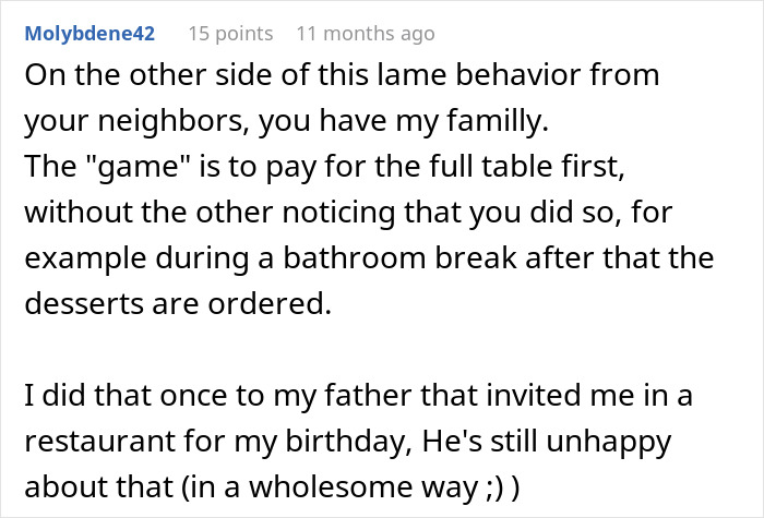 A screenshot of a Reddit comment discussing neighbors finding someone to pay their bills. A screenshot of a Reddit comment discussing neighbors finding someone to pay their bills.