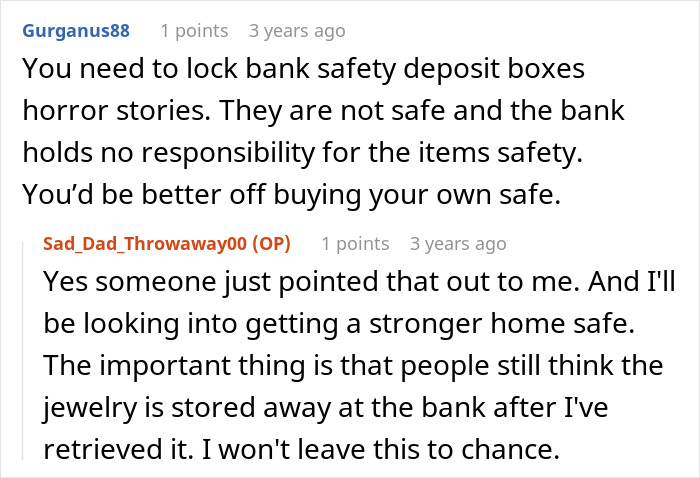 A comment on son stealing family heirloom to propose, accusing dad of ruining his life, discussing safe storage of heirlooms. A comment on son stealing family heirloom to propose, accusing dad of ruining his life, discussing safe storage of heirlooms.