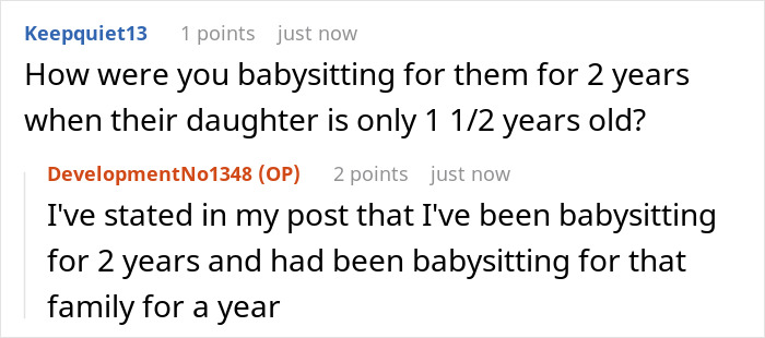 A user questions the babysitter's timeline for babysitting a crying baby, clarifying the duration. A user questions the babysitter's timeline for babysitting a crying baby, clarifying the duration.