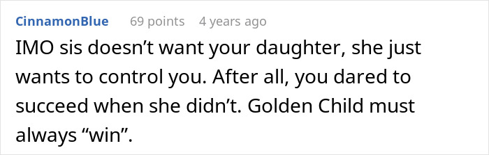 A comment discussing a woman's sister trying to kidnap the baby she adopted and gain control. A comment discussing a woman's sister trying to kidnap the baby she adopted and gain control.