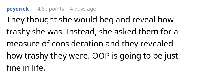 A screenshot of a Reddit comment by poyorick, discussing a woman uncovering a cruel plan. A screenshot of a Reddit comment by poyorick, discussing a woman uncovering a cruel plan.