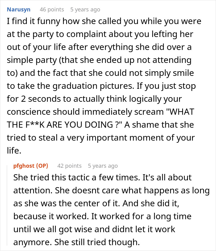 A Reddit comment discussing the ex's behavior at the daughter's graduation BBQ. A Reddit comment discussing the ex's behavior at the daughter's graduation BBQ.