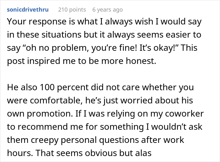 A screenshot of a user's comment section about a coworker asking if she&rsquo;s married or single.