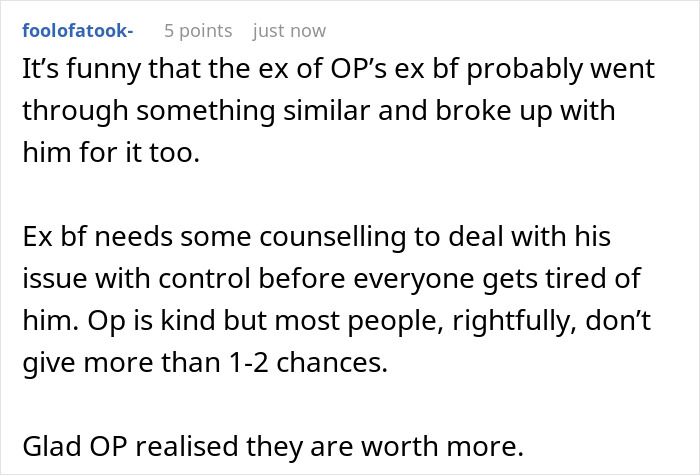 A Reddit comment about an ex-boyfriend needing counseling for control issues, referencing hair color control.