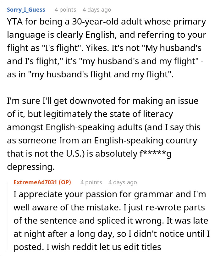 A Reddit comment discussing grammar and English literacy in relation to flight tickets on a family trip. A Reddit comment discussing grammar and English literacy in relation to flight tickets on a family trip.