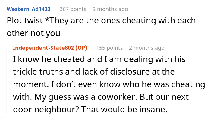 A Reddit screenshot shows a user commenting about a husband cheating with a neighbor, fueling the miscommunication.