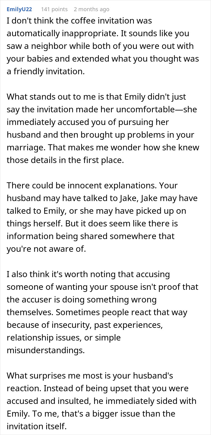 A screenshot of a Reddit comment about a husband taking a neighbor's side after miscommunication, wife checking baby cam.